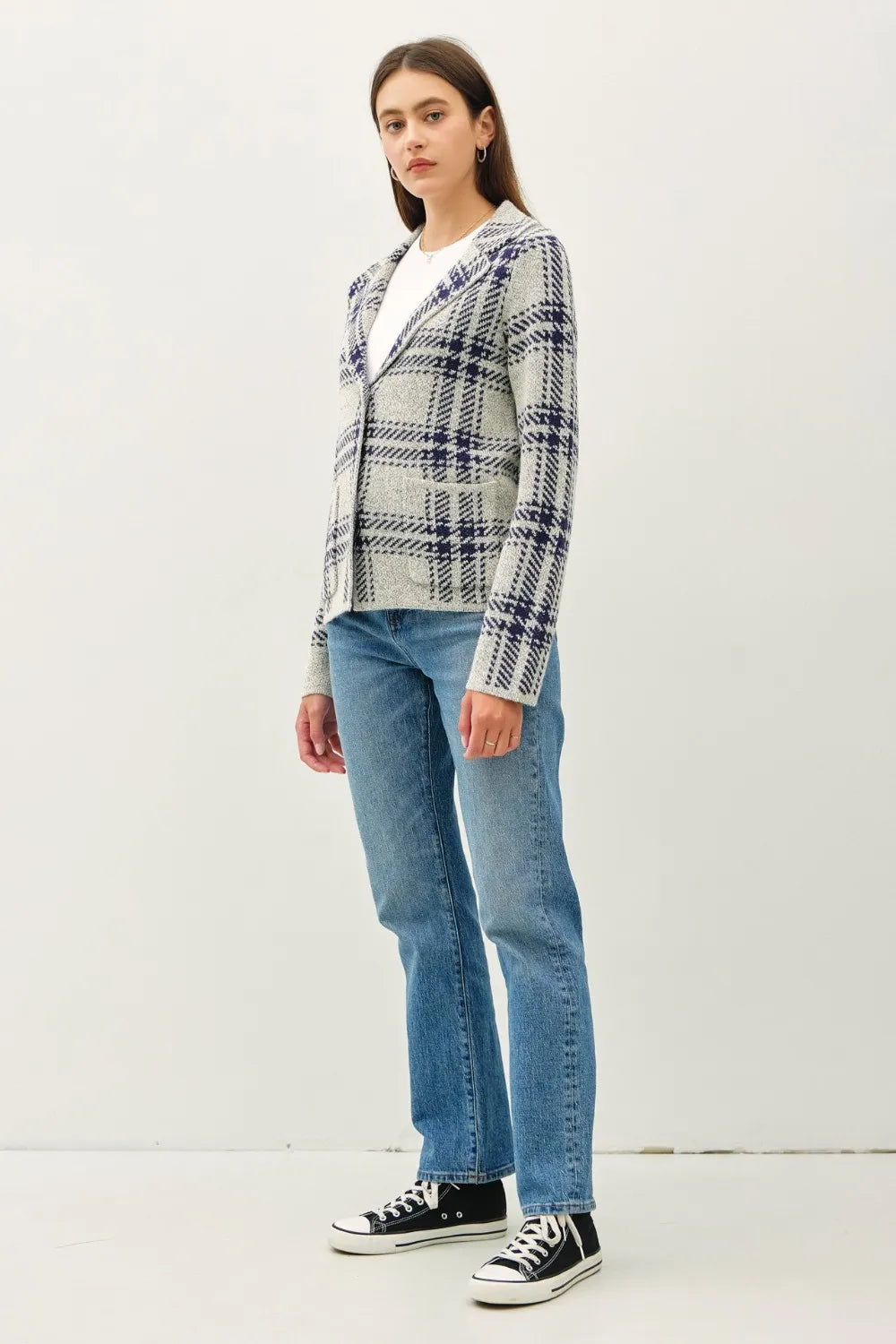 Plaid Button Front Sweater Jacket with Patch Pockets side view