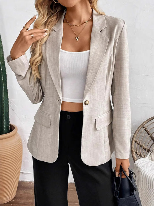 One Button Lapel Collar Blazer Khaki - Fashorio