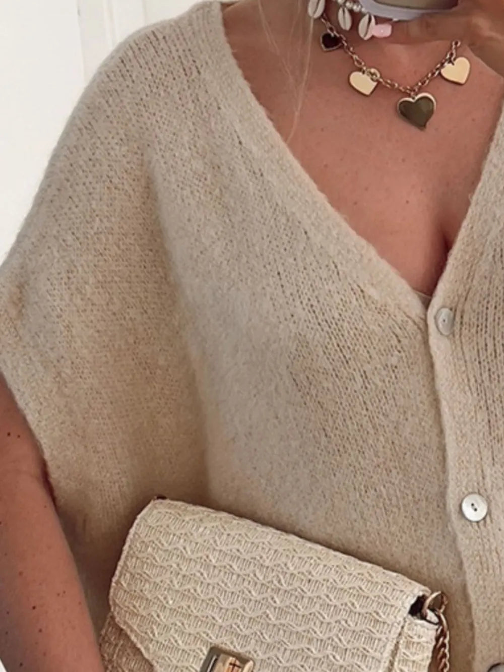 V-Neck Button Up Short Sleeve Cardigan - Fashorio