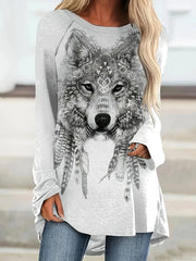 Bohemian Wolf Print Long Sleeve T-Shirt Light Gray - Fashorio