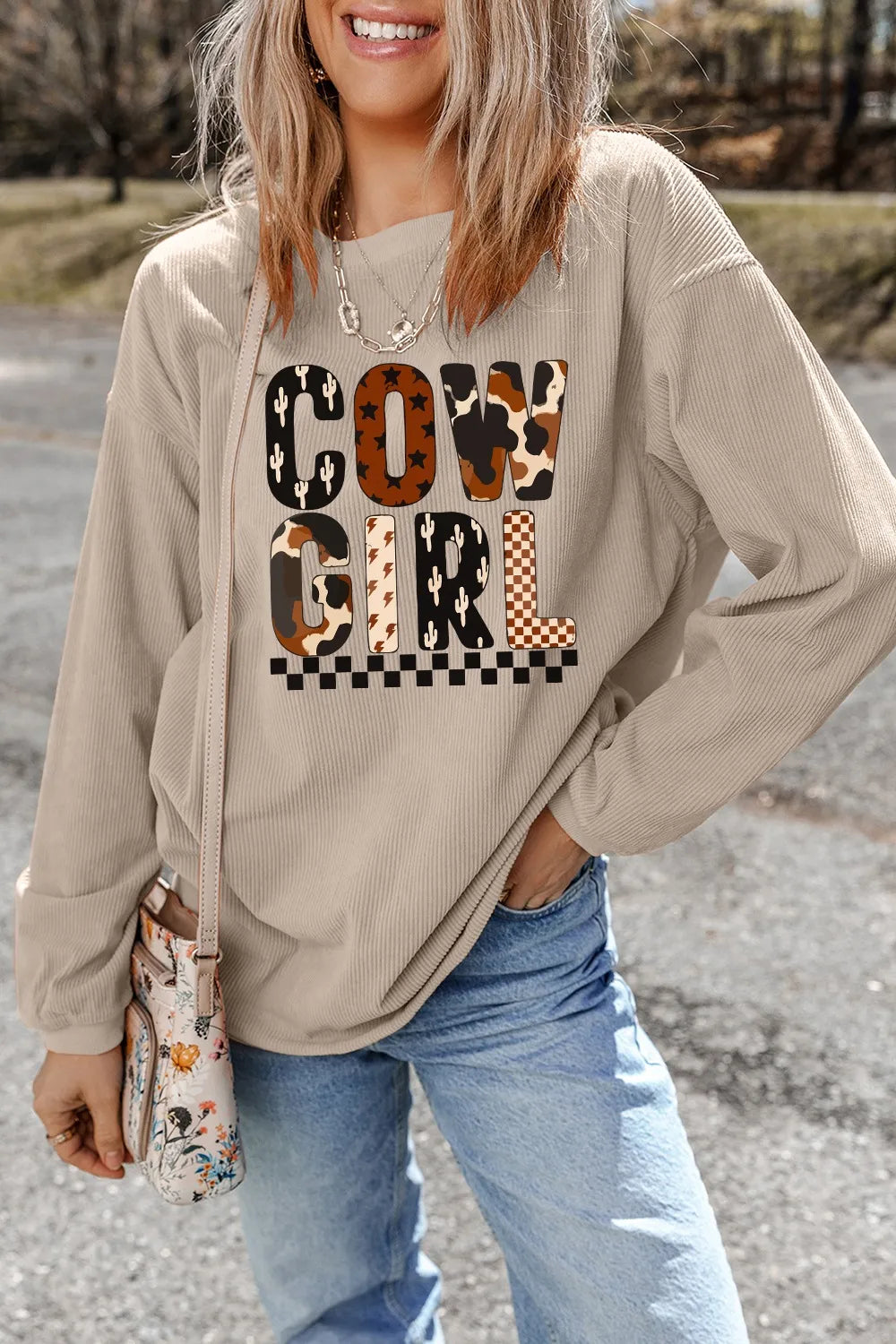 Cowgirl Graphic Long Sleeve Sweatshirt Khaki - Fashorio