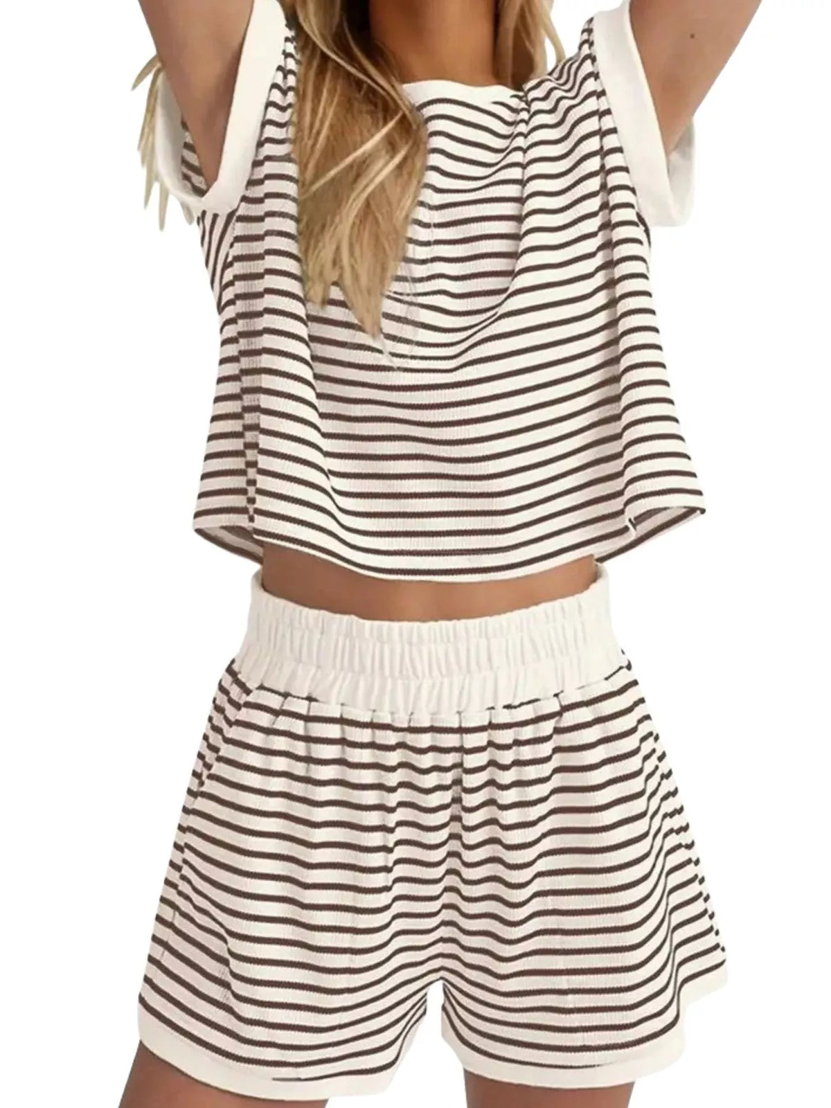 Striped Round Neck Top and Shorts Set Plus Size, view 7