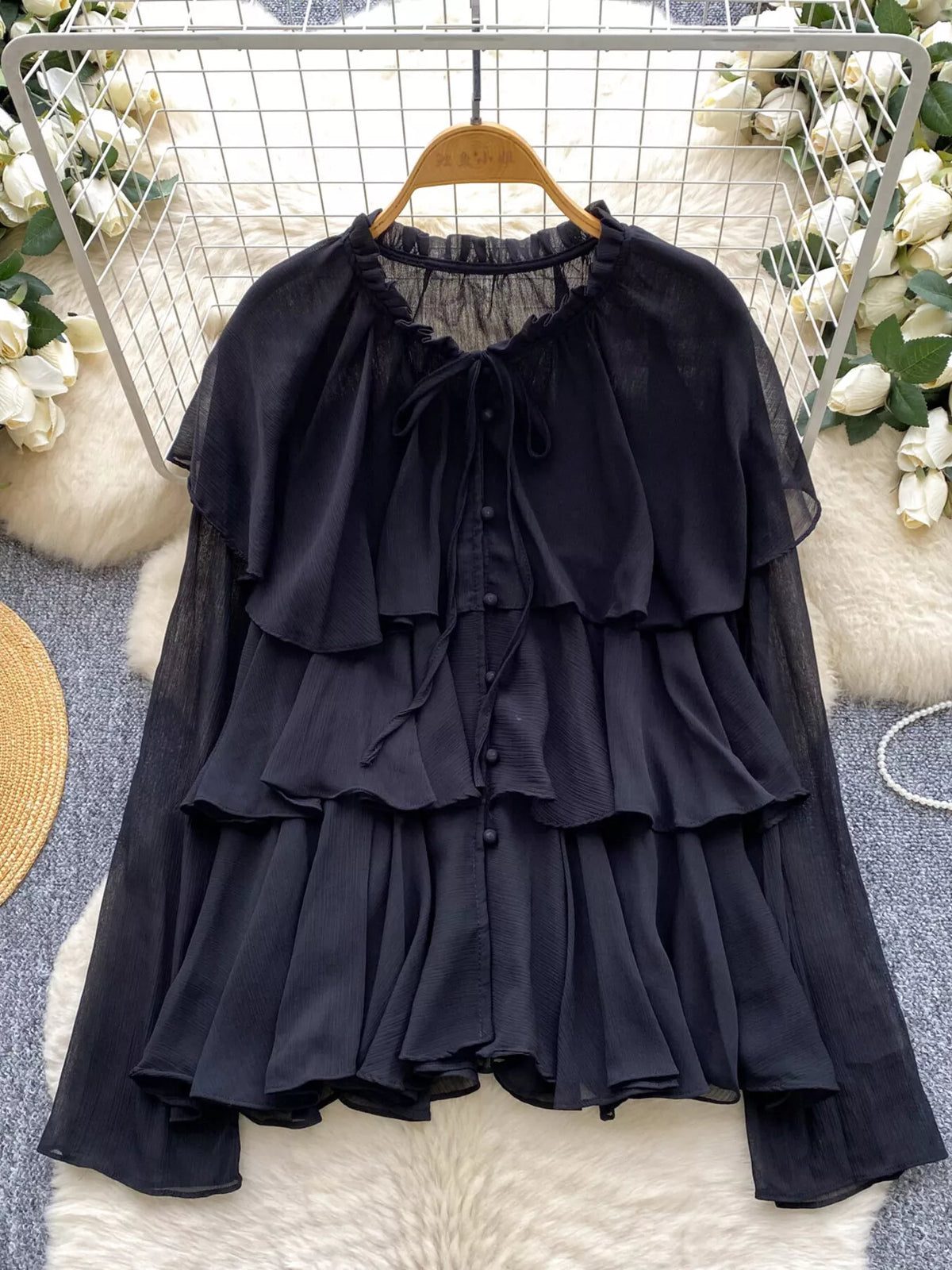 ruffle tiered chiffon blouse detail view