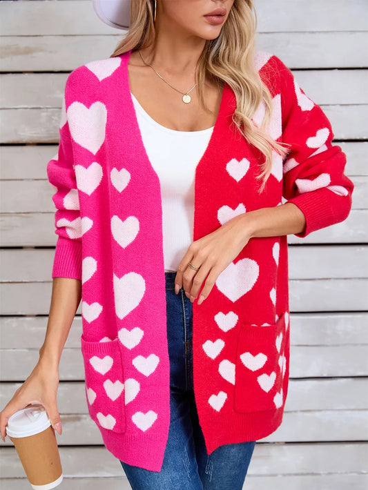 Angel Wings Heart Open Front Long Sleeve Cardigan Hot Pink - Fashorio