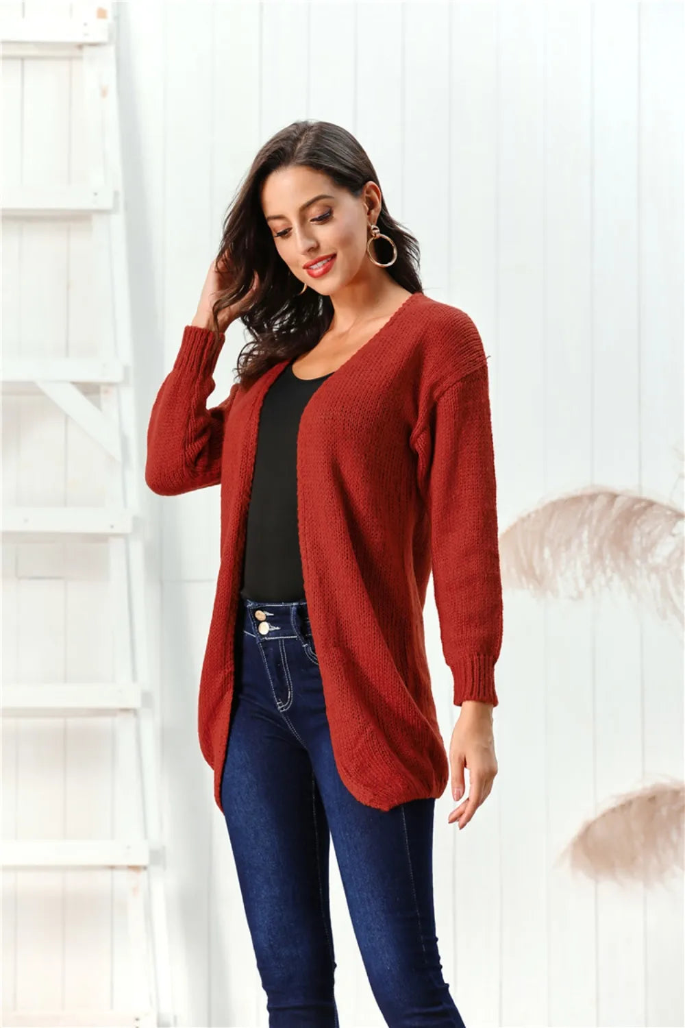Open Front Long Sleeve Cardigan - Fashorio