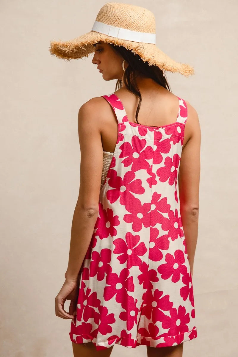 BiBi Floral Prints Tuck Detail Short Overall With Pockets - Fashorio