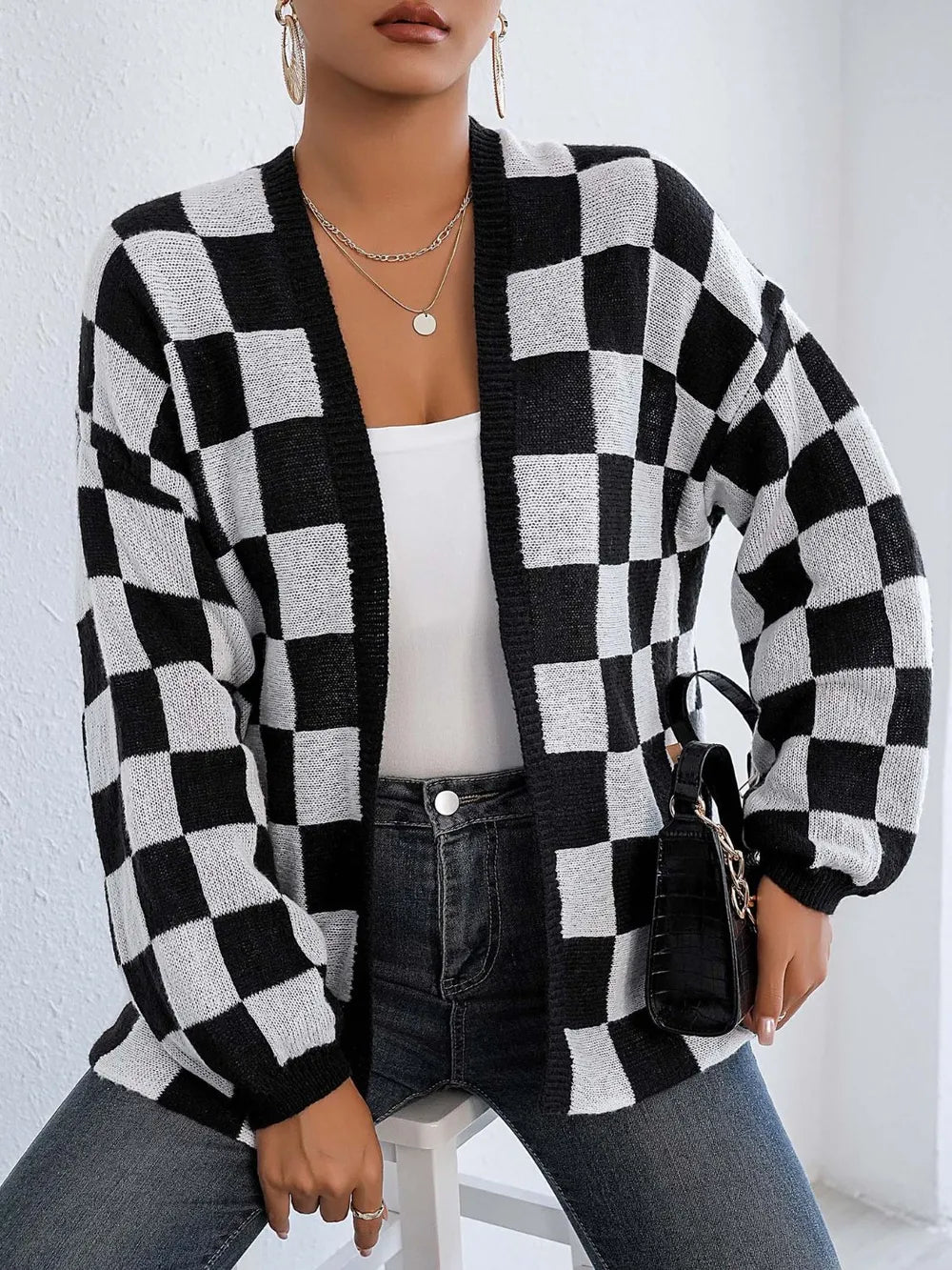 Checkered Open Front Long Sleeve Cardigan - Fashorio