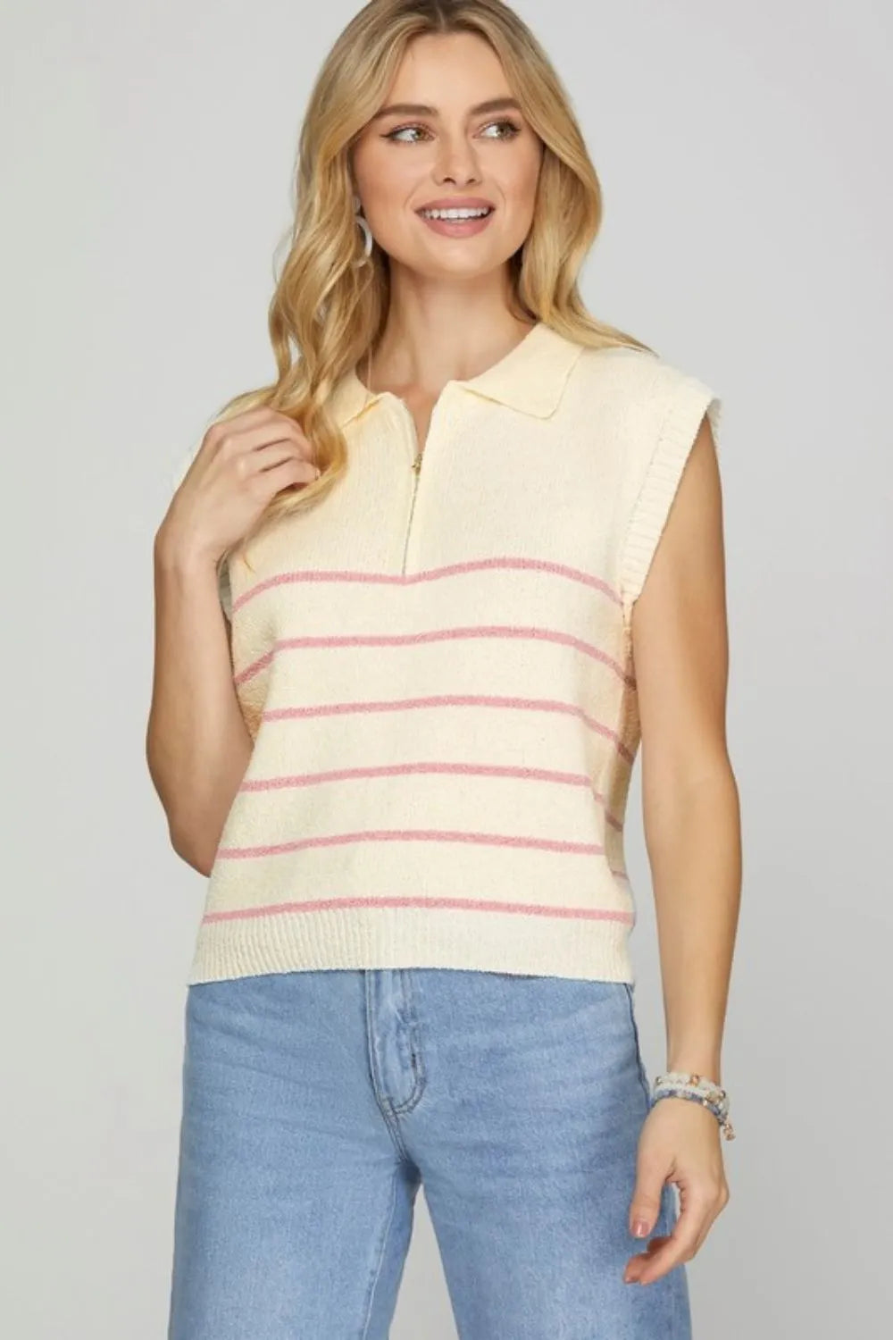 Striped Half Zip Sweater Vest Plus Size in Pink