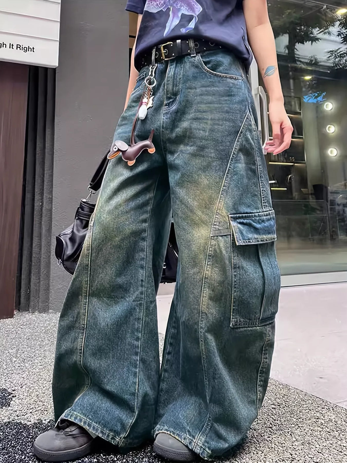 Vintage wash wide leg cargo jeans front view