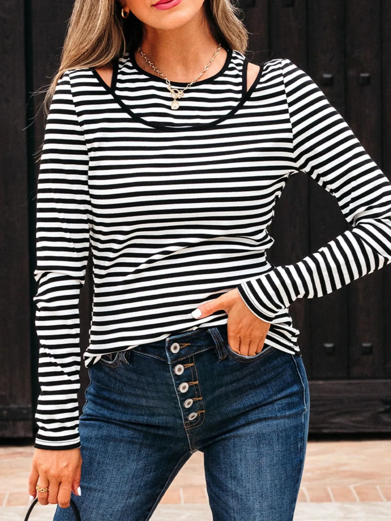 Stripe Double-layer Cold Shoulder Long Sleeve Top Stripe - Fashorio