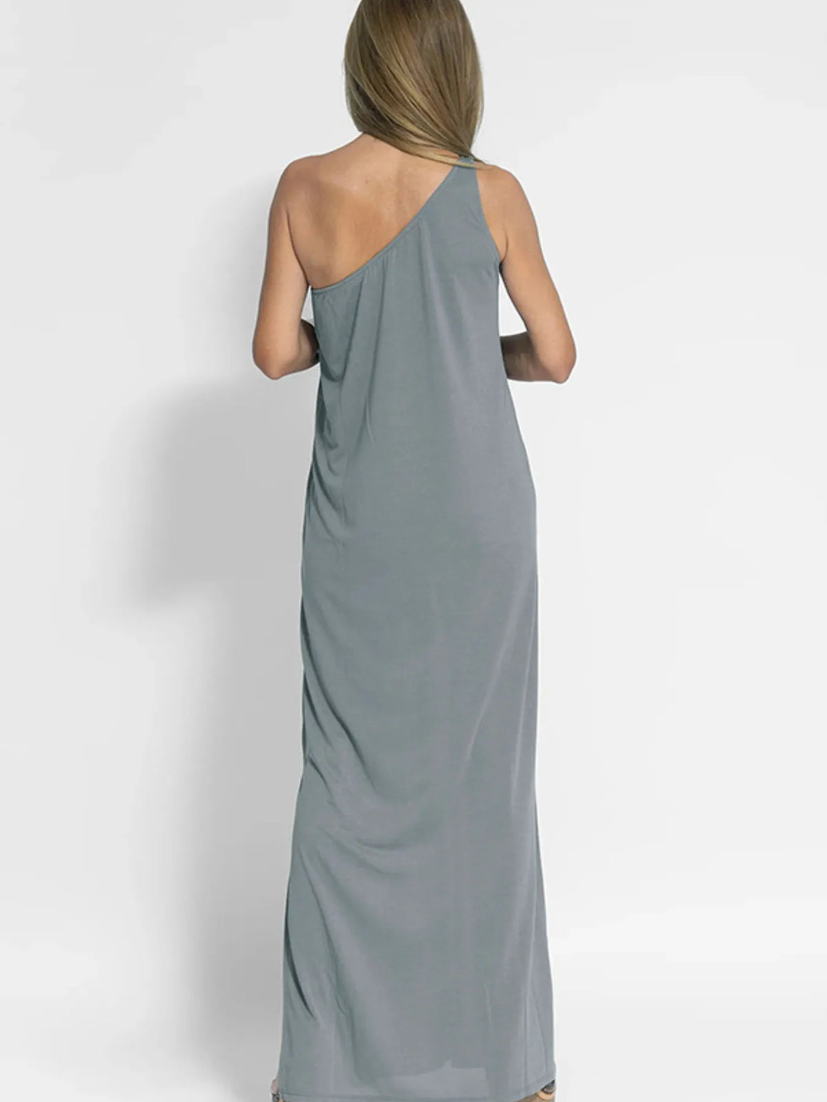 one shoulder side slit maxi dress in gray side view