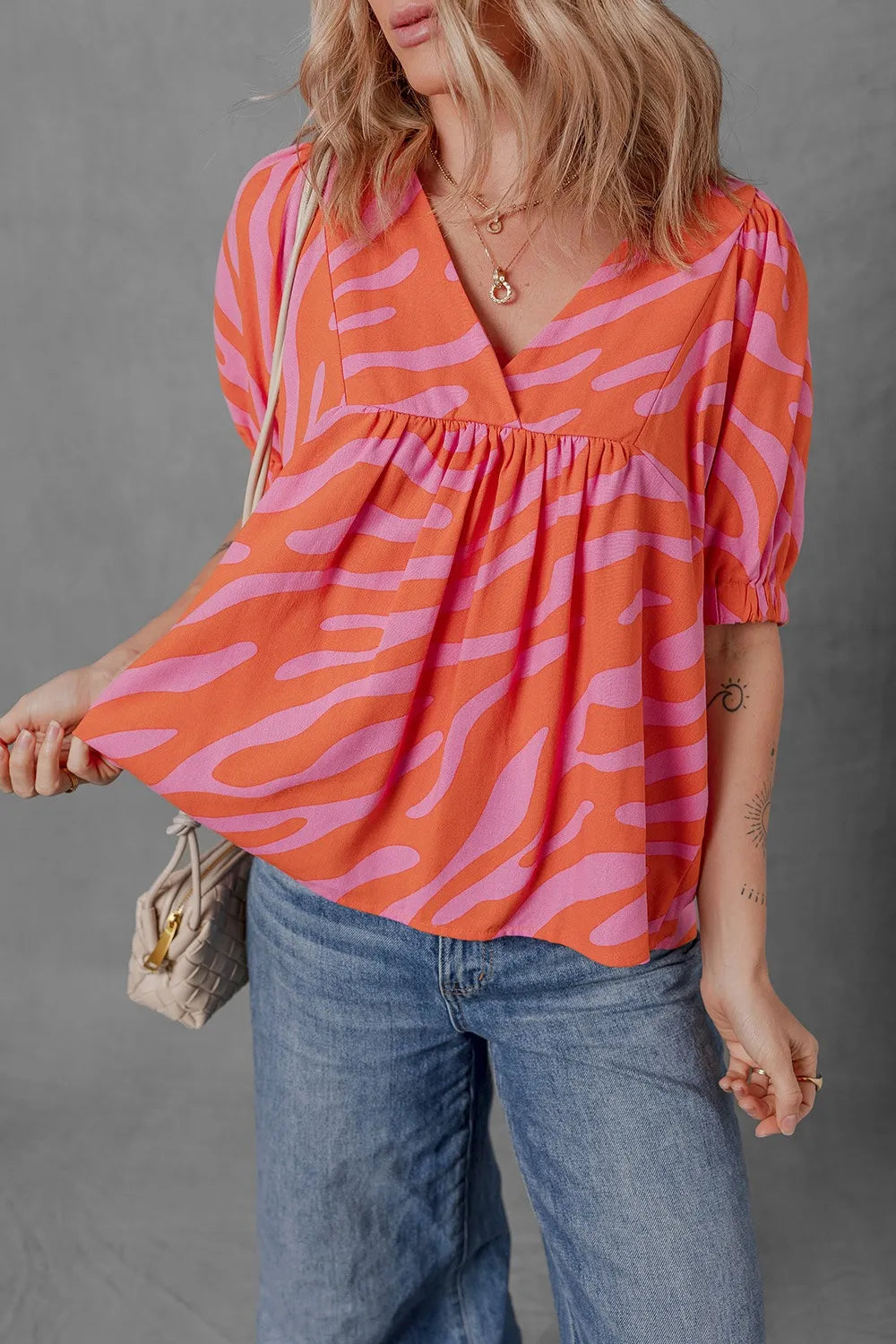 Zebra print V neck blouse ruched cuff detail