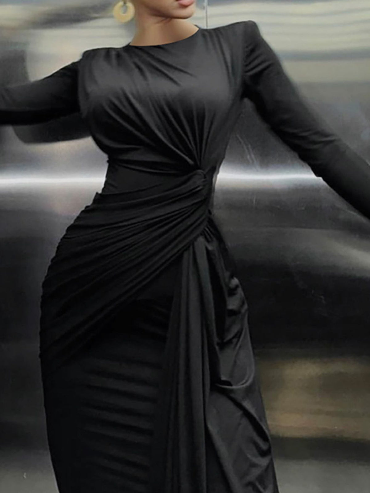 Ruched knot front long sleeve maxi dress pink colourway
