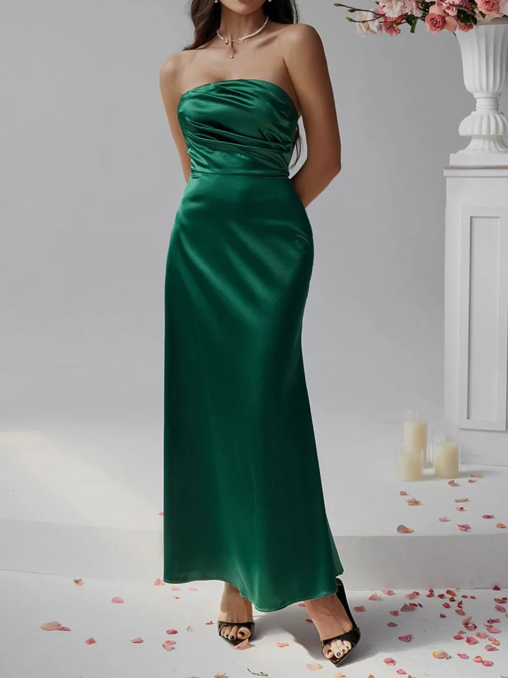 Ruched strapless tube maxi dress, shoulder and bodice detail