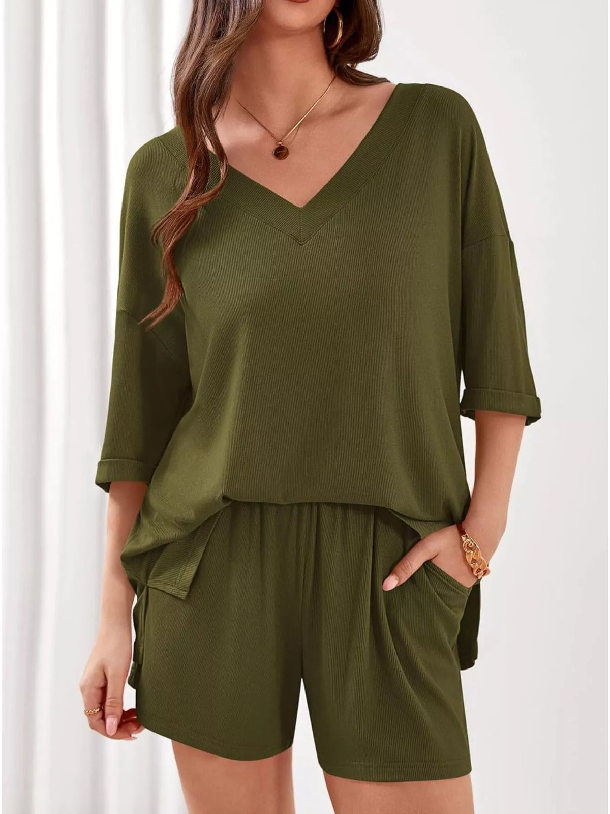 V Neck Top and Shorts Two Piece Set, view 12