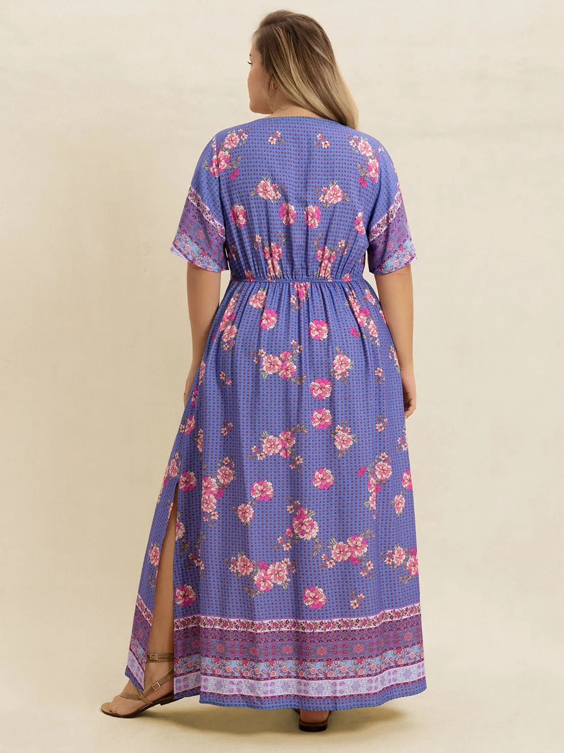 blue purple plus size printed v neck flutter sleeve dress styled look
