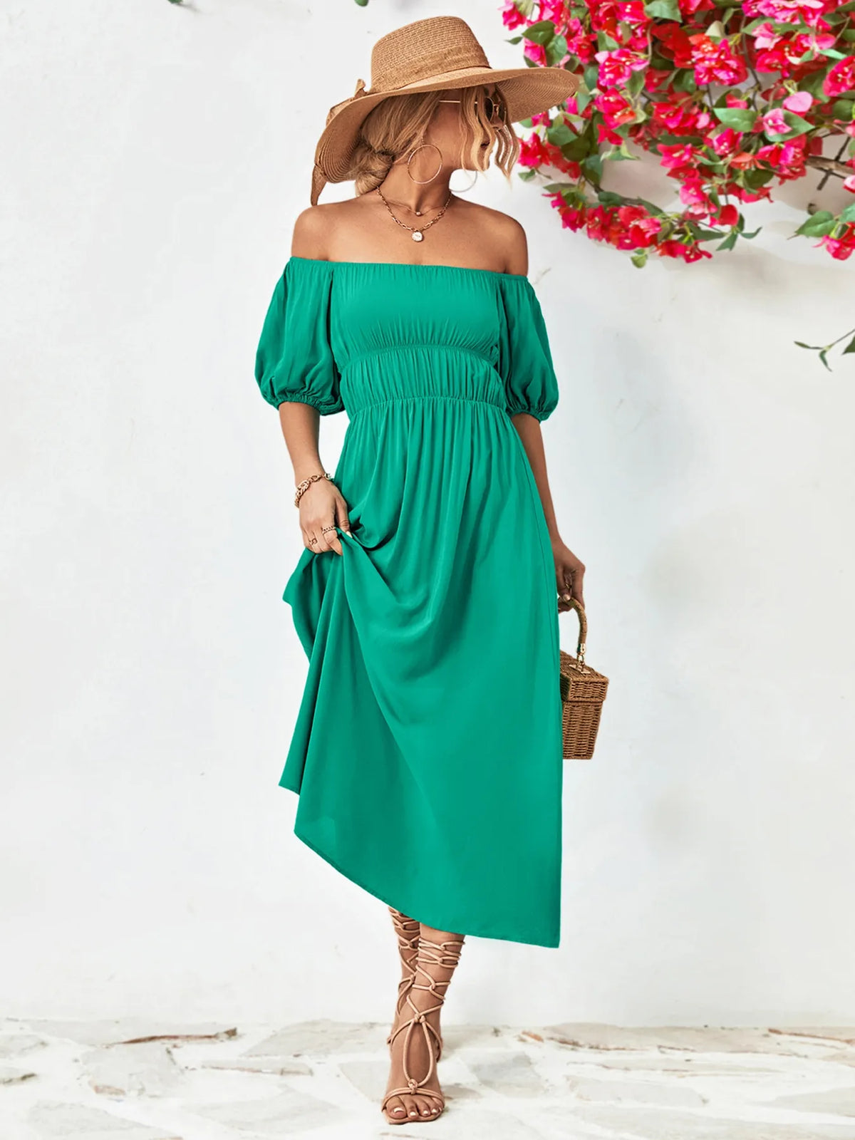 Off shoulder puff sleeve smocked maxi dress, full length styling