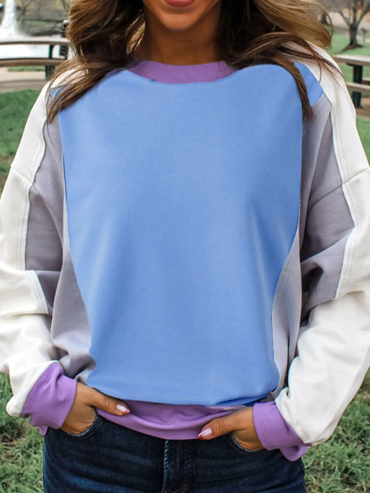 Exposed Seam Colorblock Patchwork Ribbed Trim Sweatshirt Dusty Blue - Fashorio