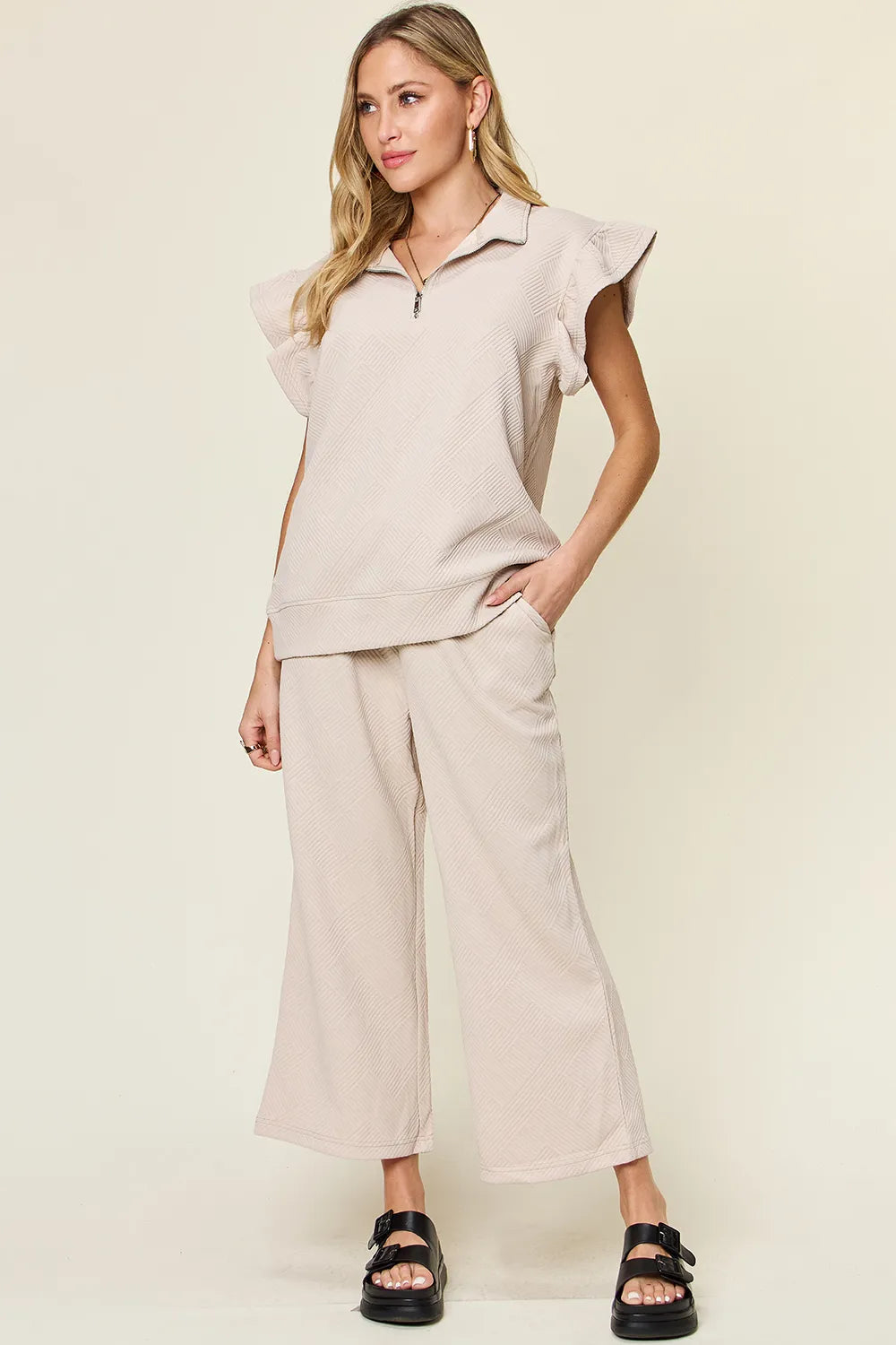 Double Take Ruffle Top and Wide Leg Pants Set, view 31