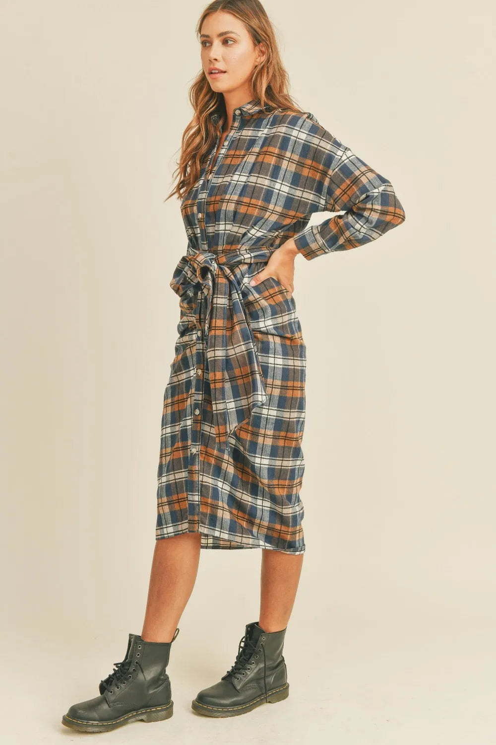 Plaid Flannel Front Tie Button Down Shirt Dress side view