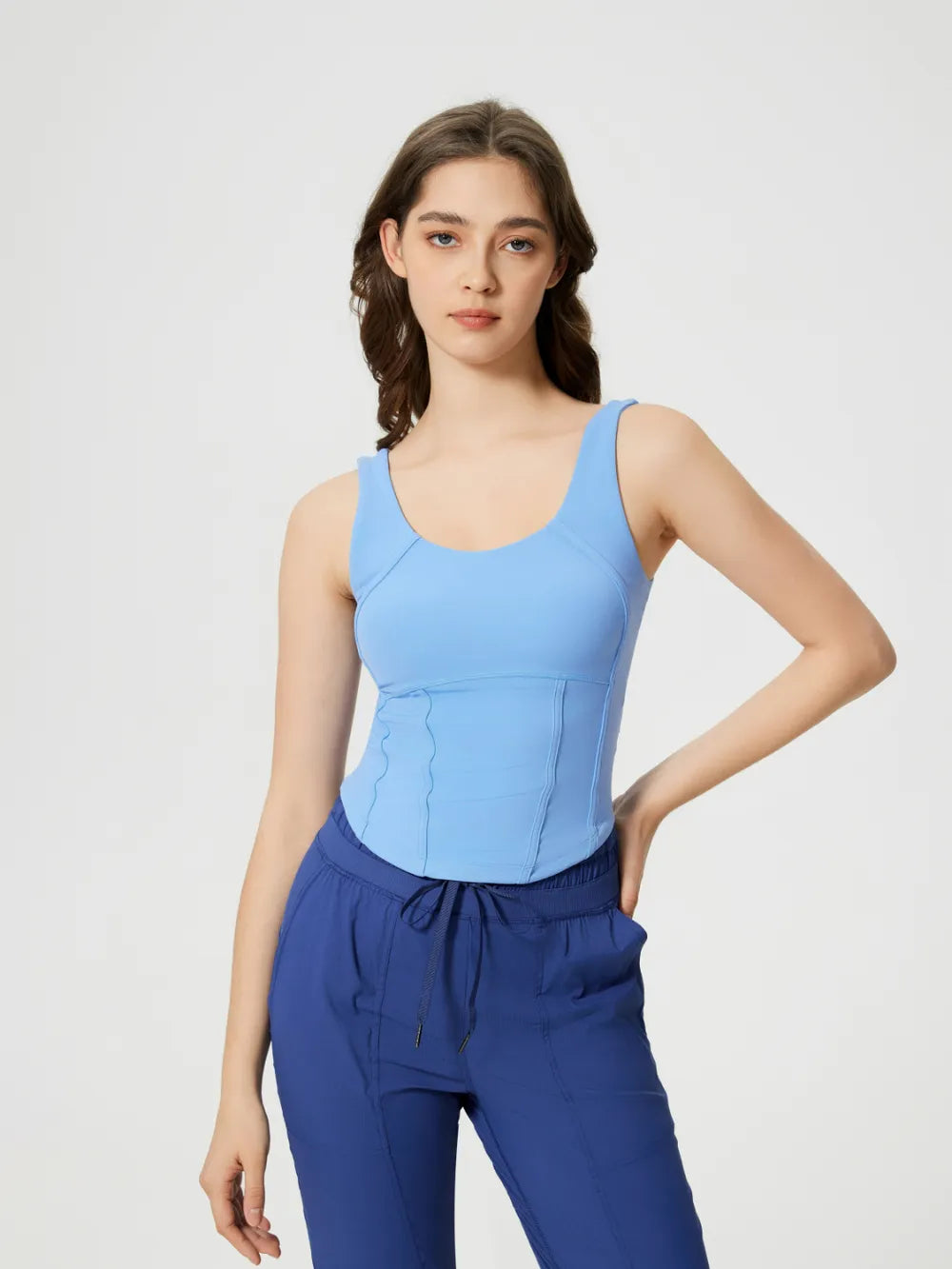 Round neck wide strap padded active tank full length view