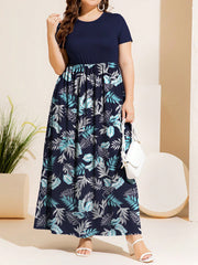 Plus Size Printed Round Neck Short Sleeve Maxi Dress Leaf - Fashorio
