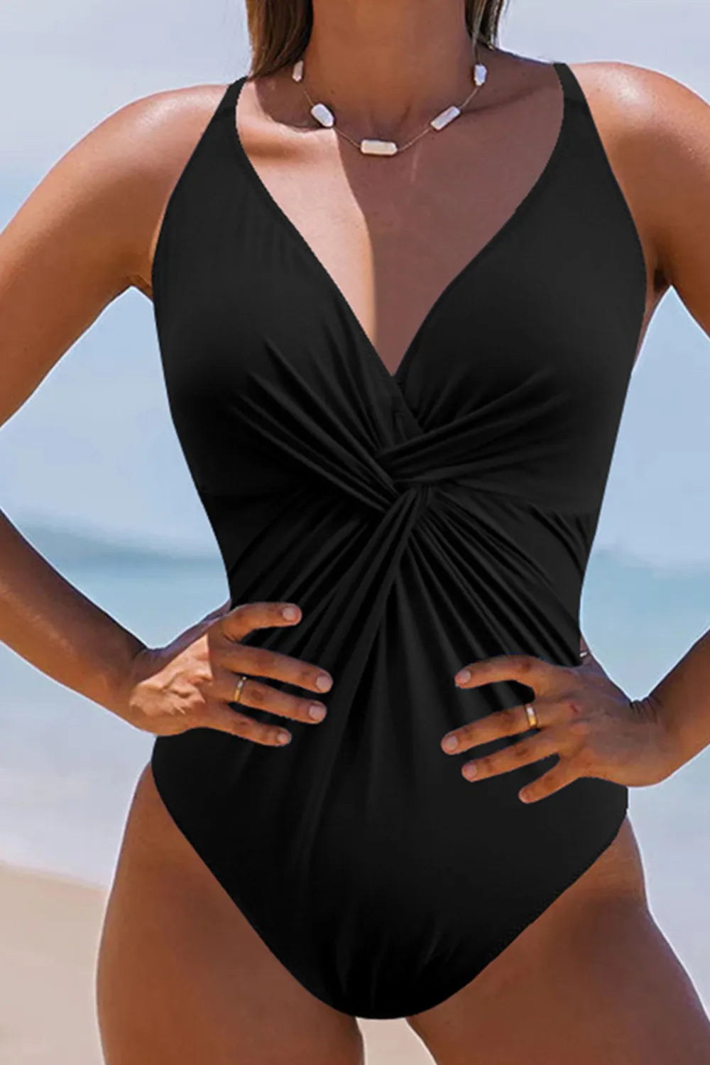 Twisted crisscross v neck one piece swimsuit front view