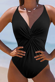Twisted Crisscross V-Neck One-Piece Swimwear Black - Fashorio