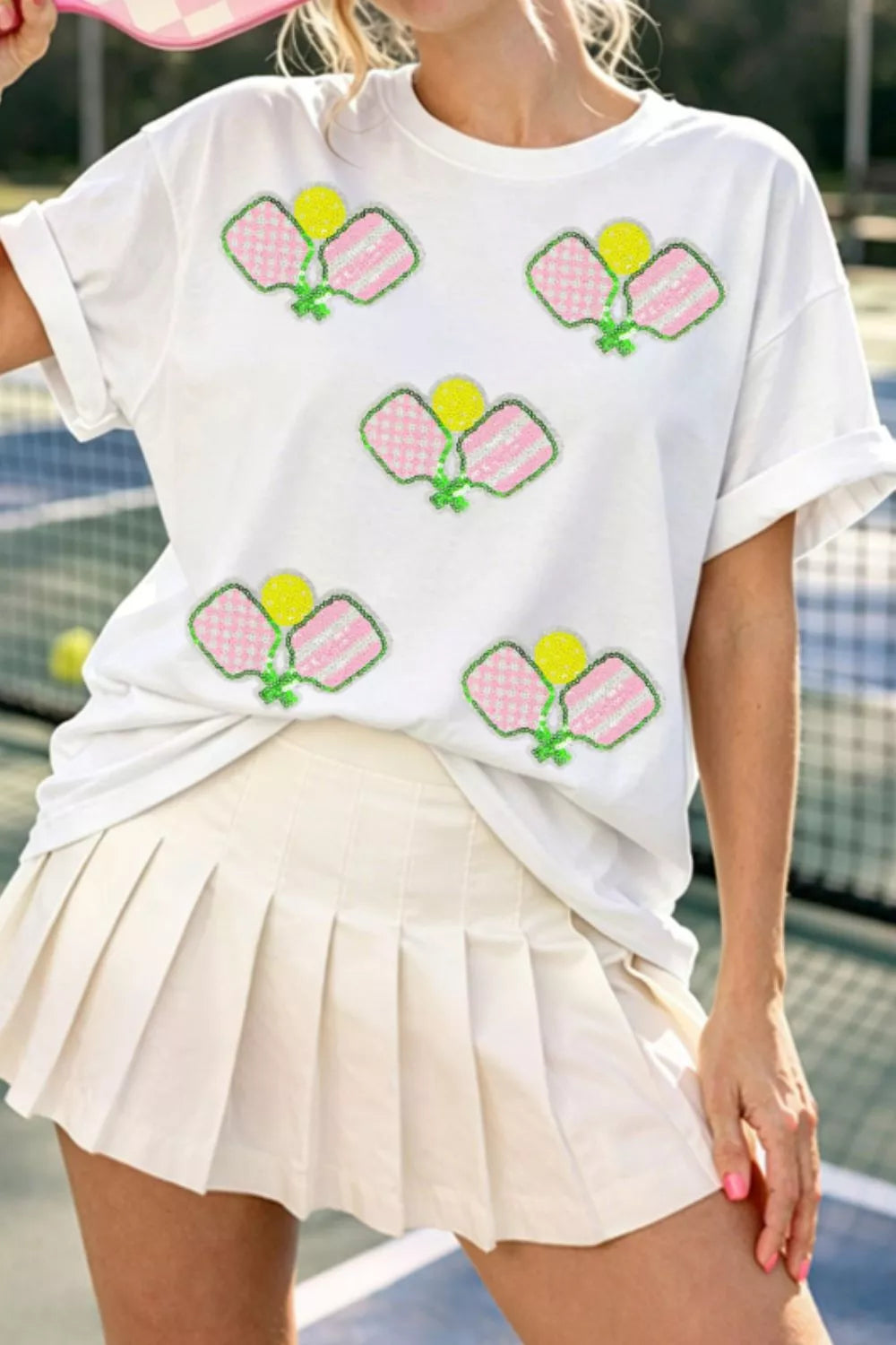 White sequin pickleball short sleeve tee front view