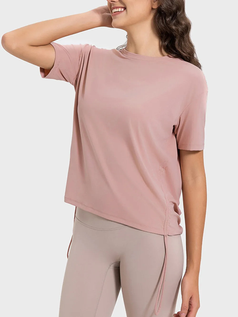 drawstring round neck active tee side view