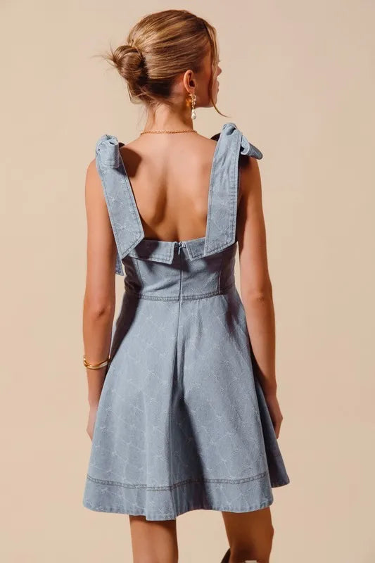 SO ME A Line Fit and Flare Diamond Bow Ribbon Denim Dres - Fashorio