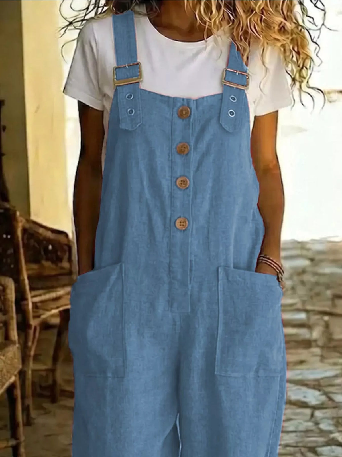 Button front wide leg overalls styled view