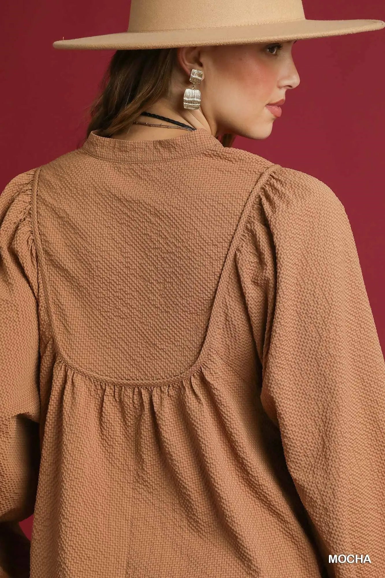 Umgee Textured Notched Blouse with Balloon Sleeves - Fashorio