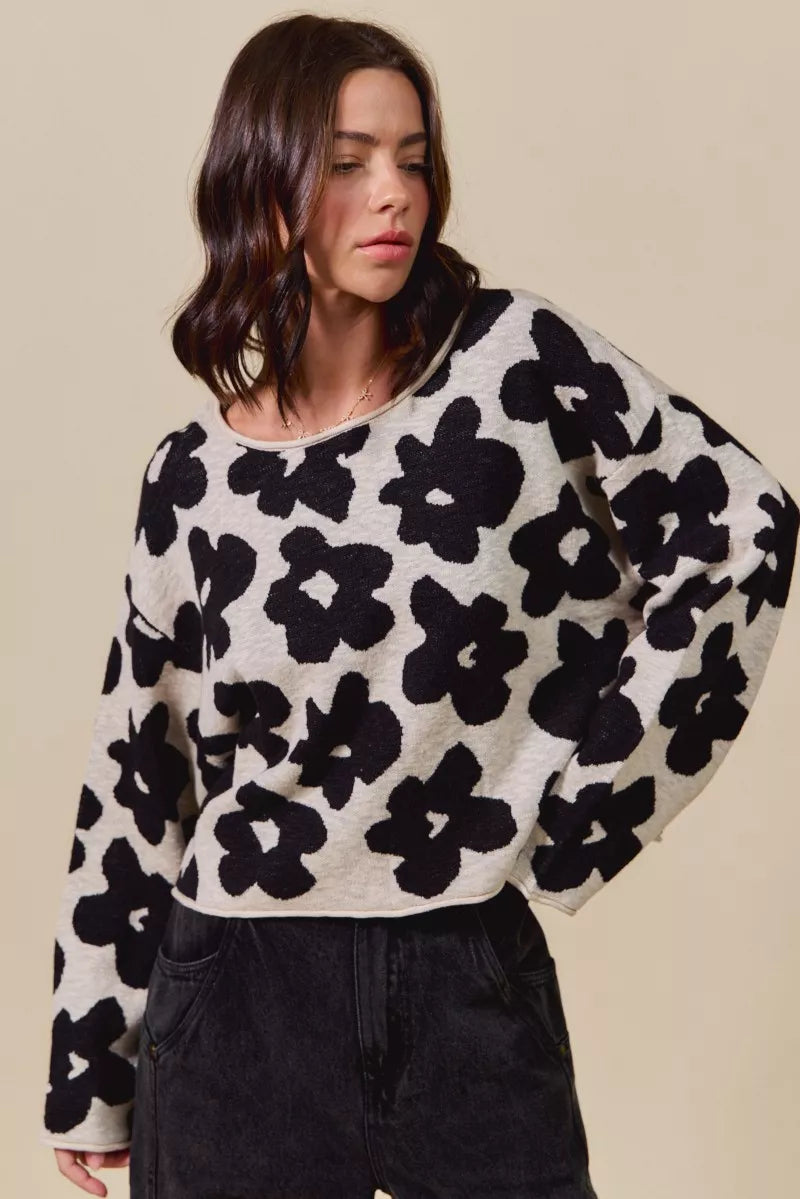 Floral Loose Fit Lightweight Sweater Top in Black and Oatmeal