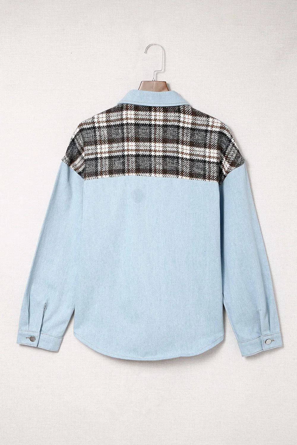 Plaid Pocketed Button Up Denim Jacket - Fashorio