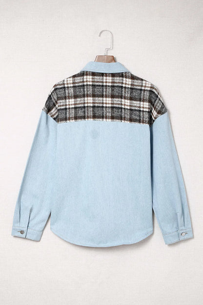 Plaid Pocketed Button Up Denim Jacket - Fashorio