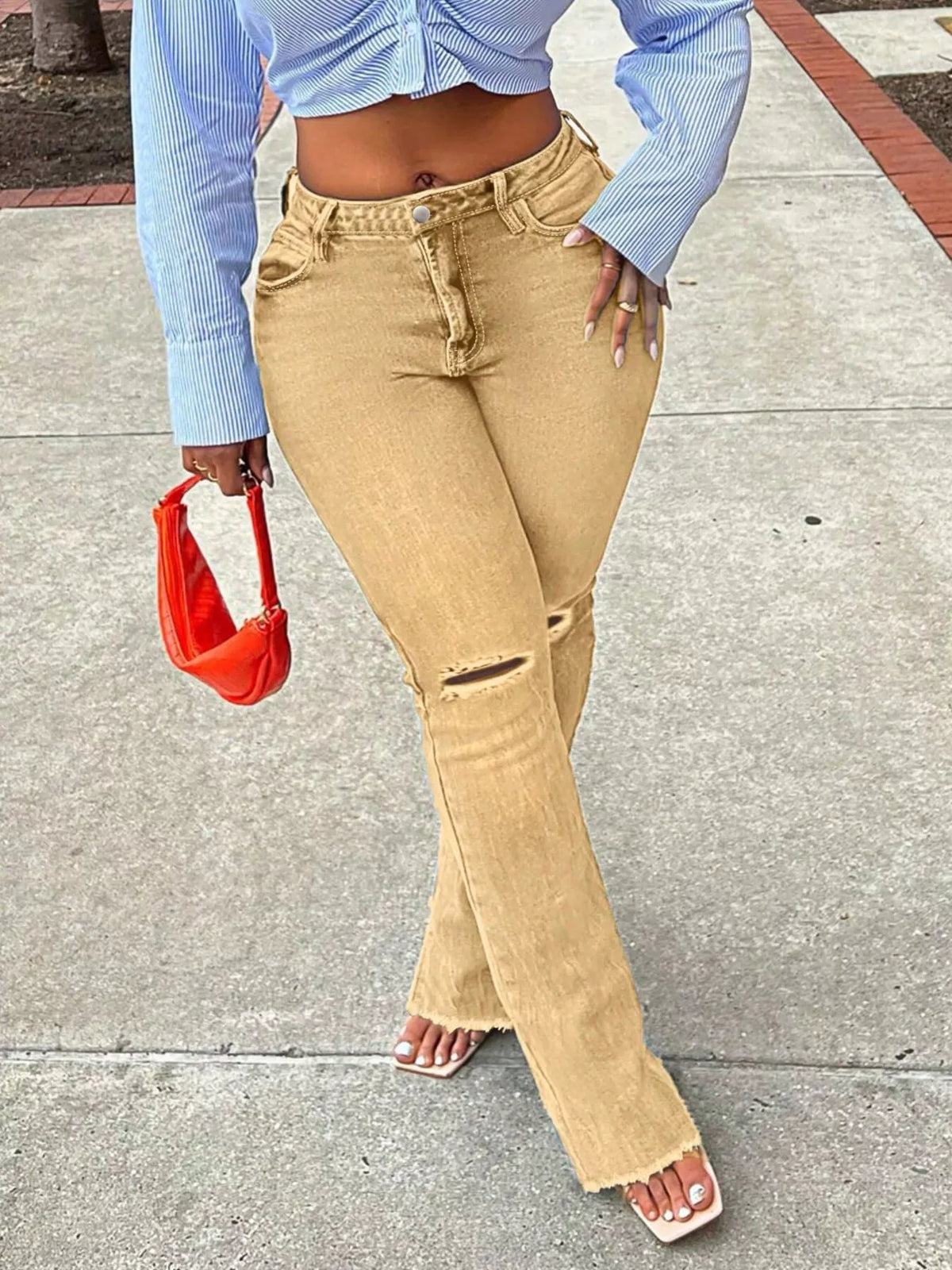 Ripped Knee Flare Denim Jeans, view 11