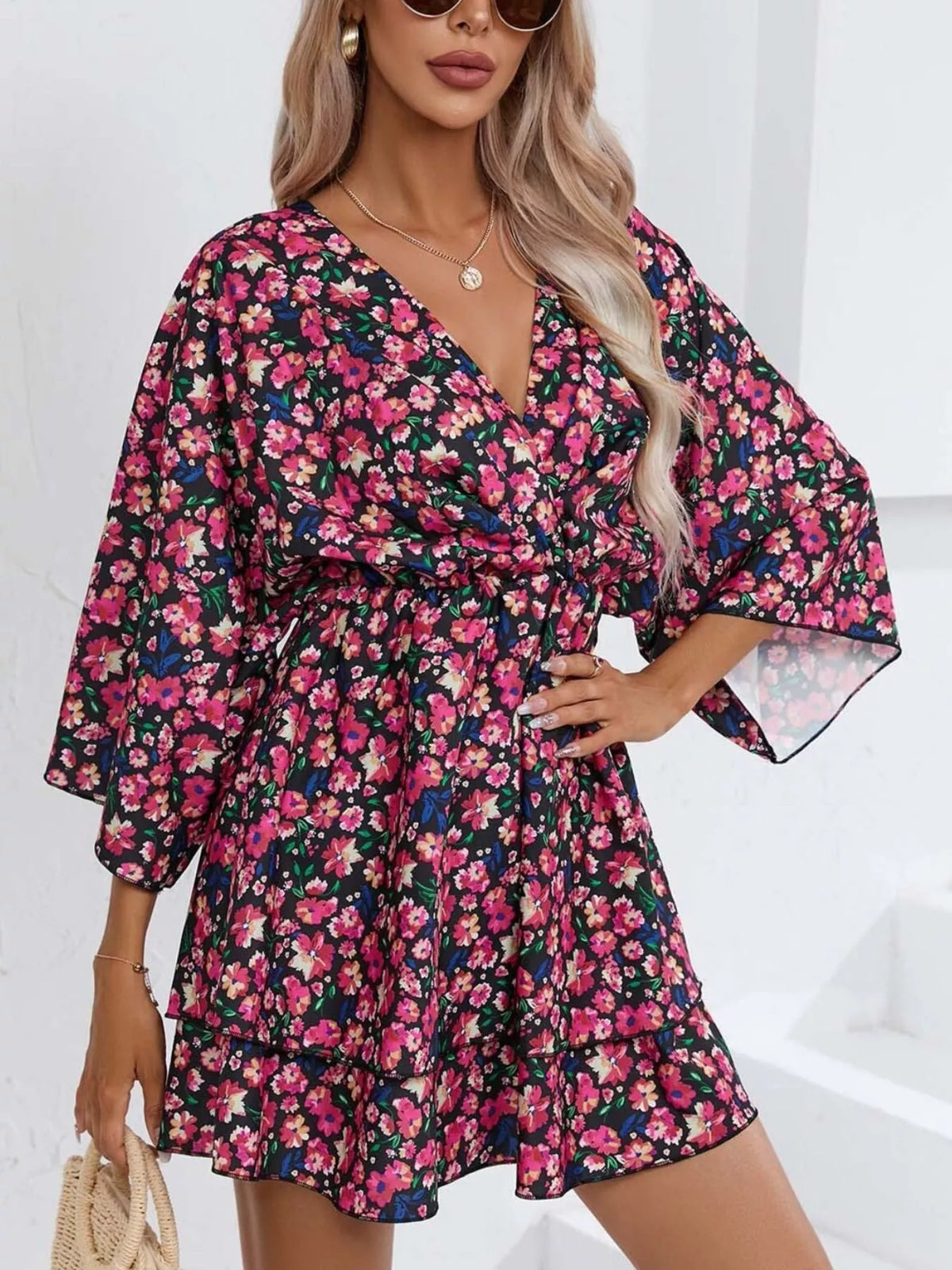 Floral print tiered ruffle hem mini dress front view