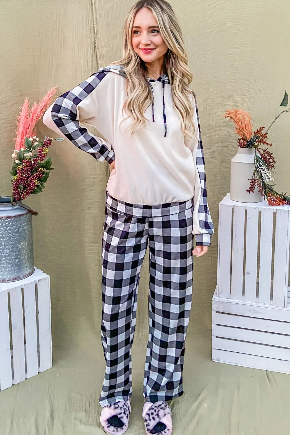 And The Why Drawstring Hooded Top and Plaid Pants Lounge Set - Fashorio