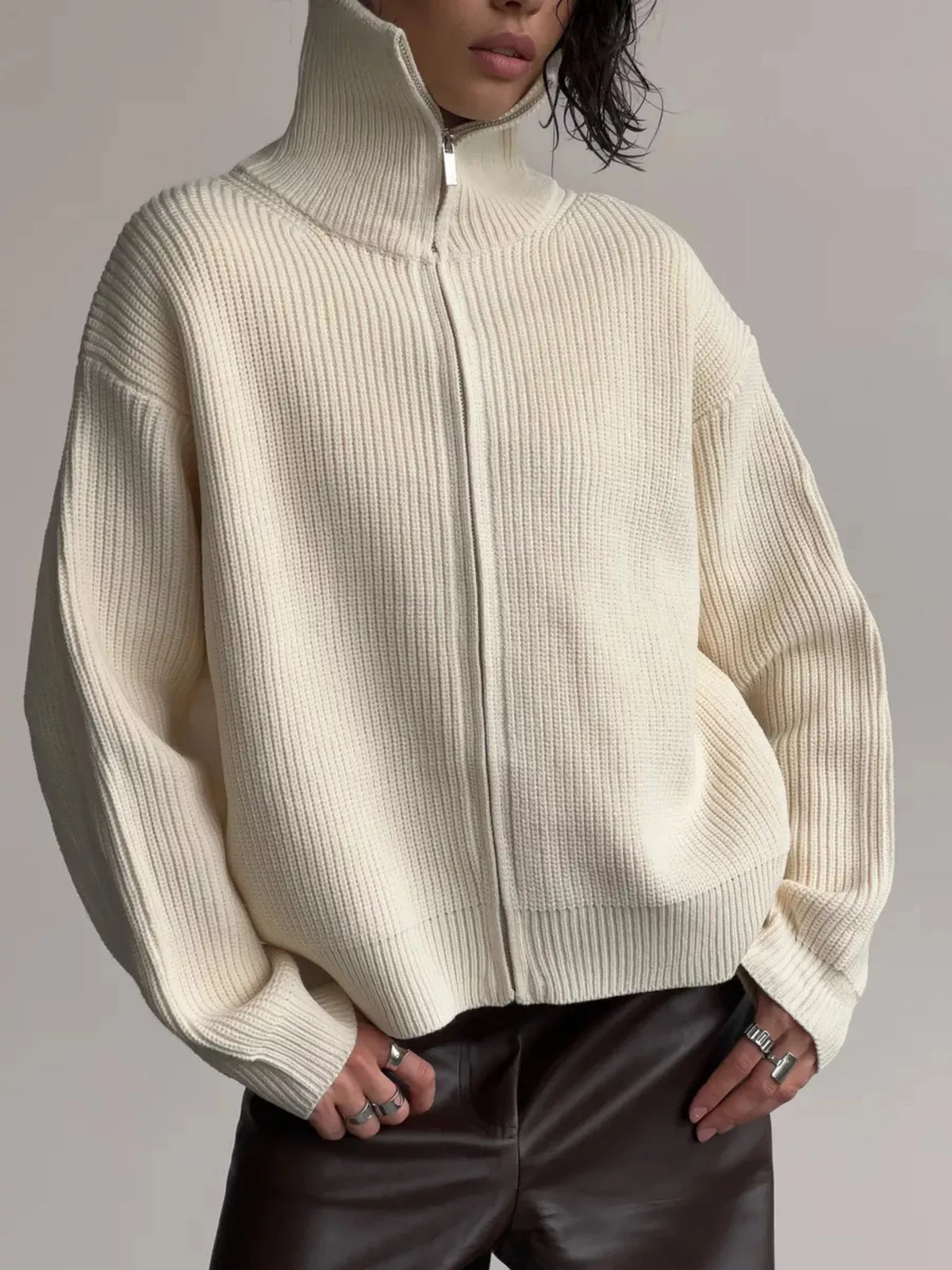 Zip up ribbed knit cardigan front view