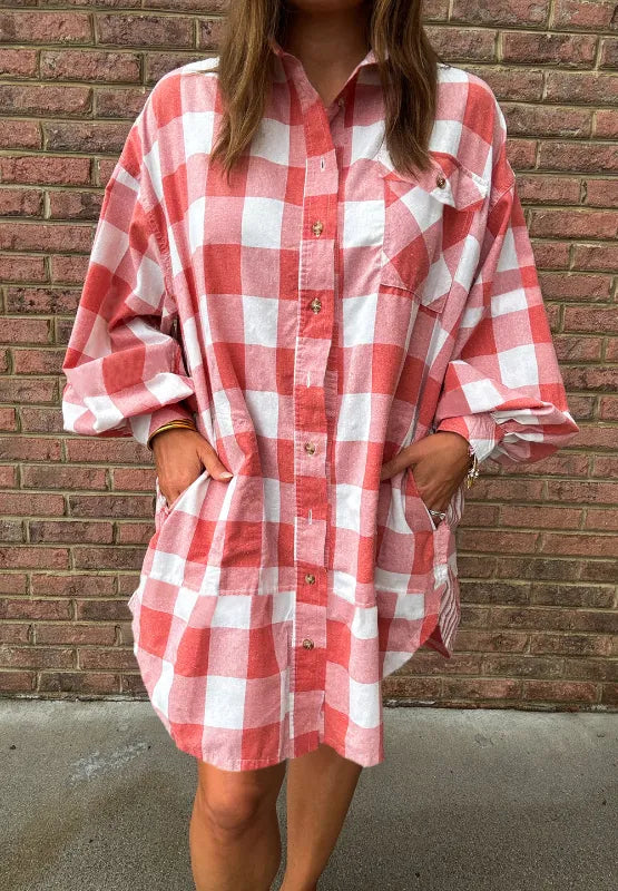 Plaid collared long sleeve shirt dress front view