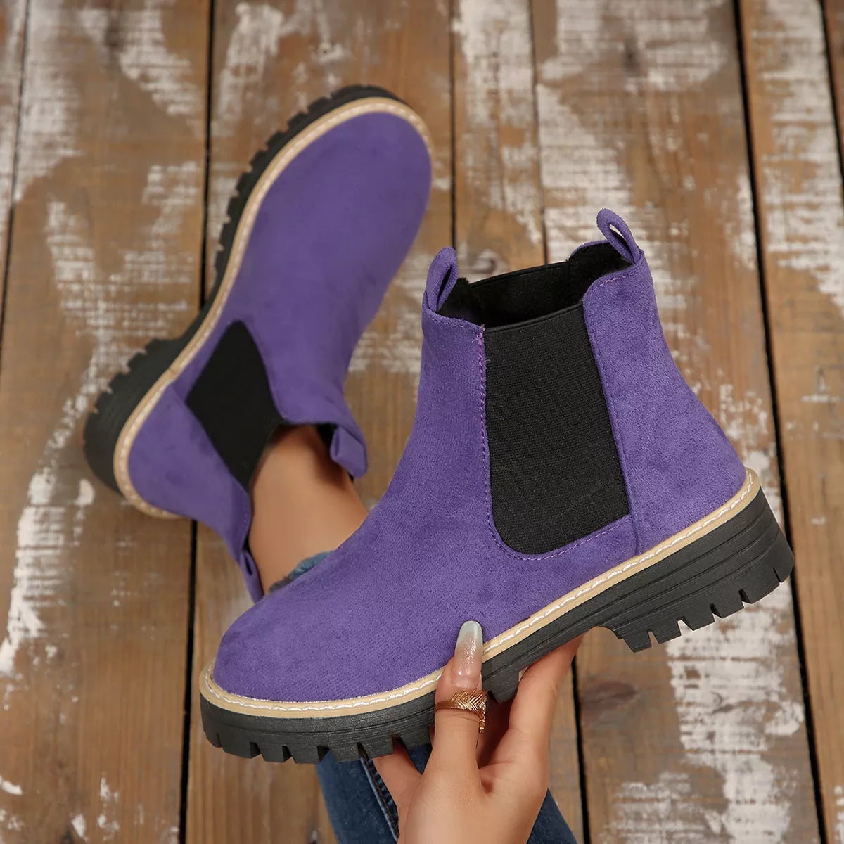 Suede round toe block heel boots full length view