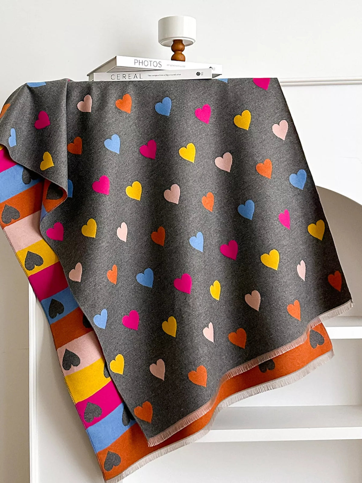 Close up of the heart pattern on the scarf