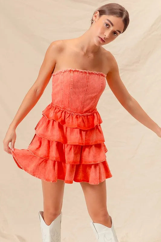 Strapless Ruffle Layered Dress in Orange styled look