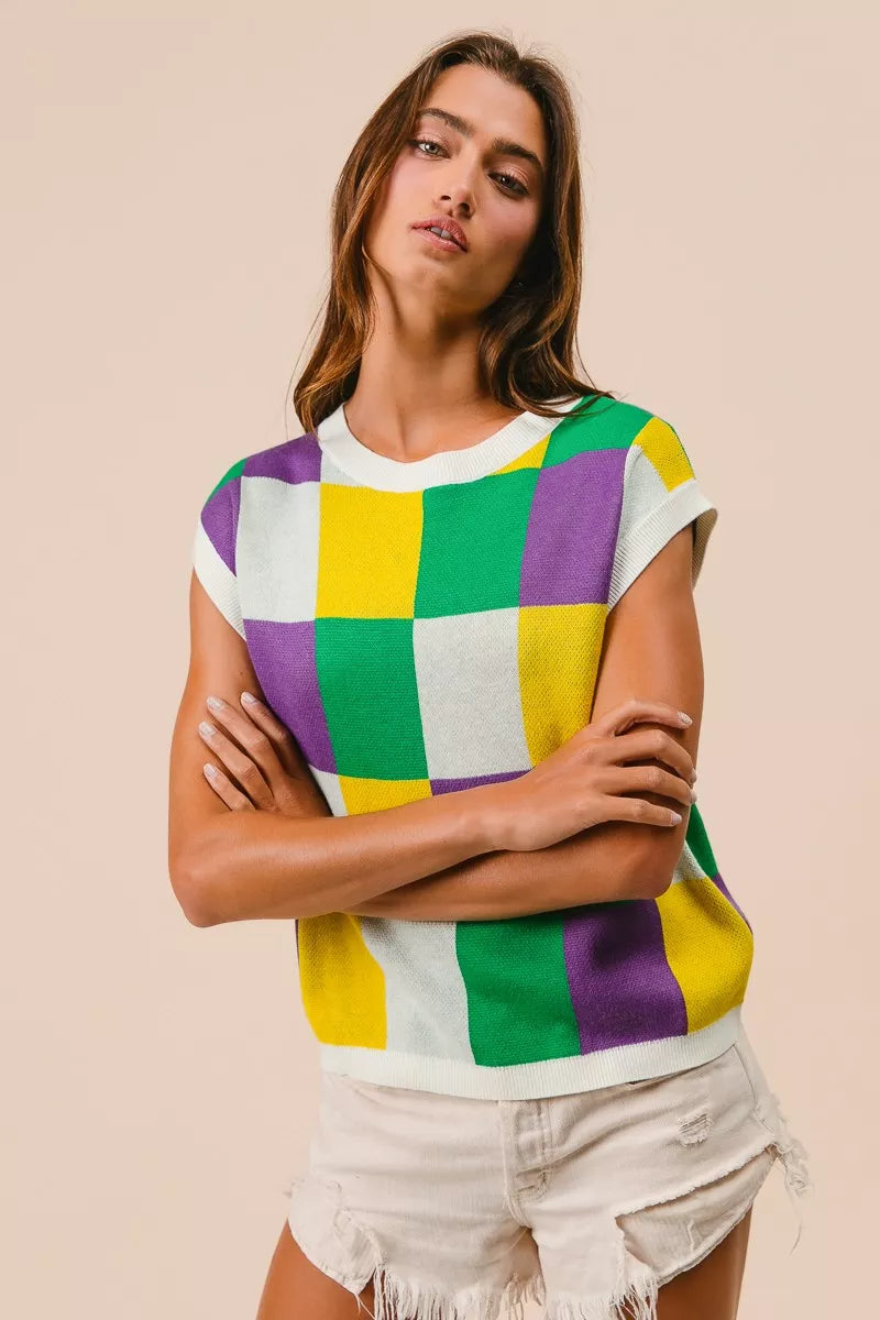 Checker Pattern Sleeveless Sweater Top in Off White view 14