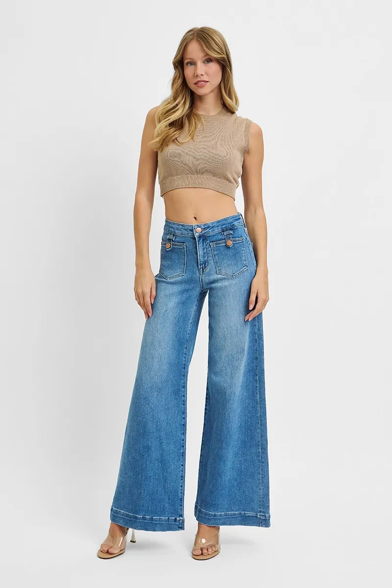Model wearing RISEN wide leg front patch pocket jeans styled look