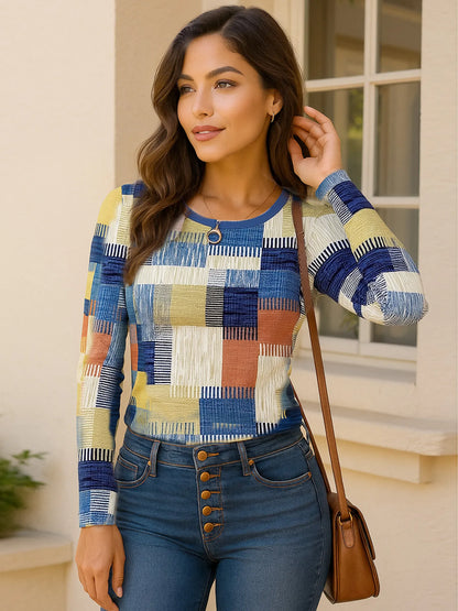 Color Block Long Sleeve T-Shirt Blue - Fashorio