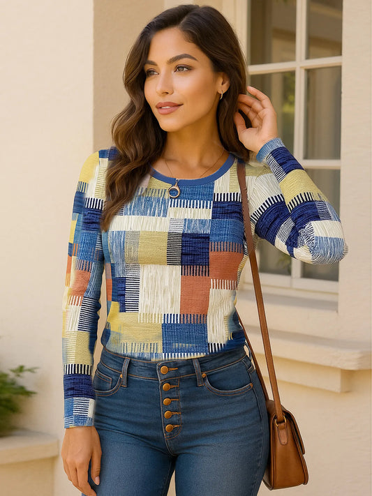 Color Block Long Sleeve T-Shirt Blue - Fashorio