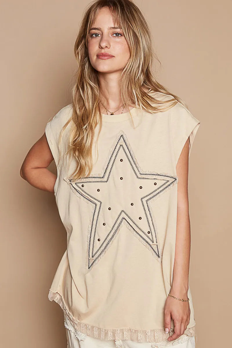 POL Star Patch Studded Sleeveless T-Shirt with Lace Hem - Fashorio