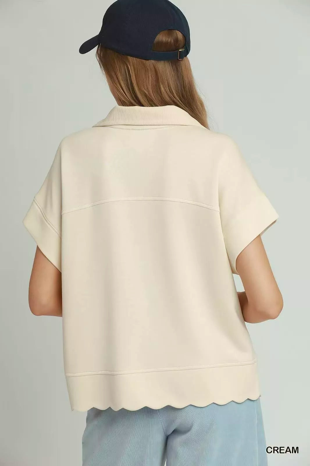 Cream Umgee half zip scalloped hem pullover back view
